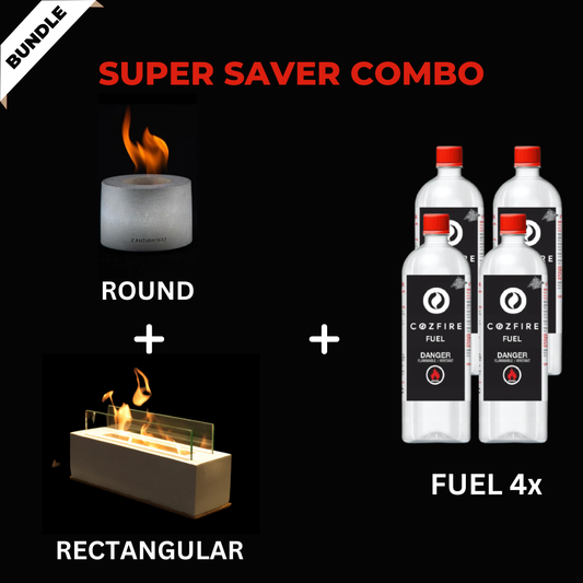 Special Firepit Bundle 4: Rectangular (with Safety-Glass) + Round + Fuel 4x - Cozfire
