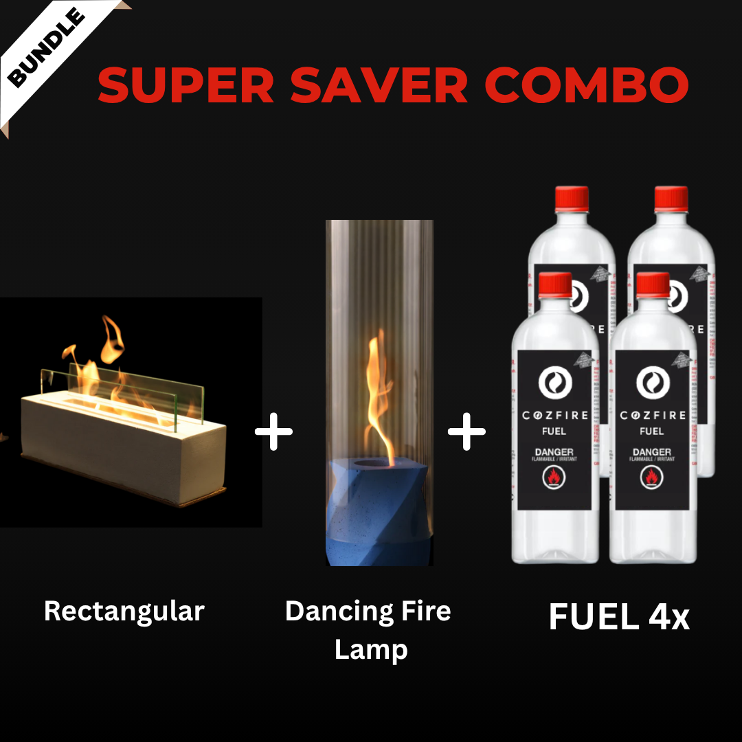 Special Firepit Bundle 13: Rectangular (with safety glasses) + Dancing Fire Lamp + Fuel 4x - Cozfire